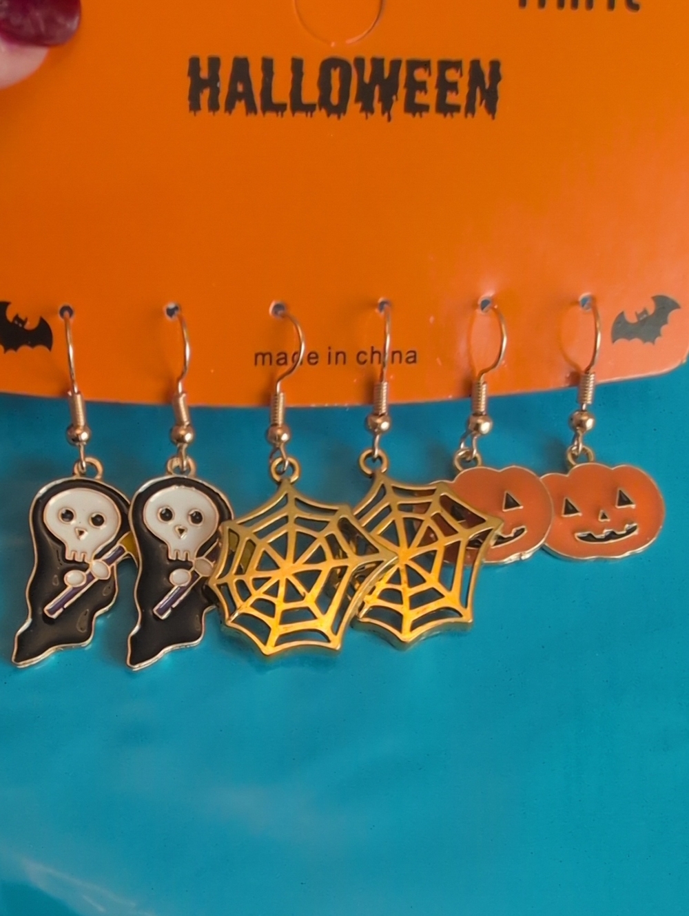 Halloween Pumpkin, Bat & Skeleton Dangle Earring Set - Picture 2 of 2